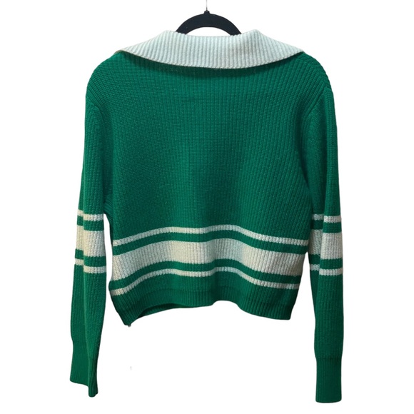 LIT ACTIVEWEAR Green Striped Collared V-neck Open Knit Sweater Hoodie NWT - Picture 2 of 6